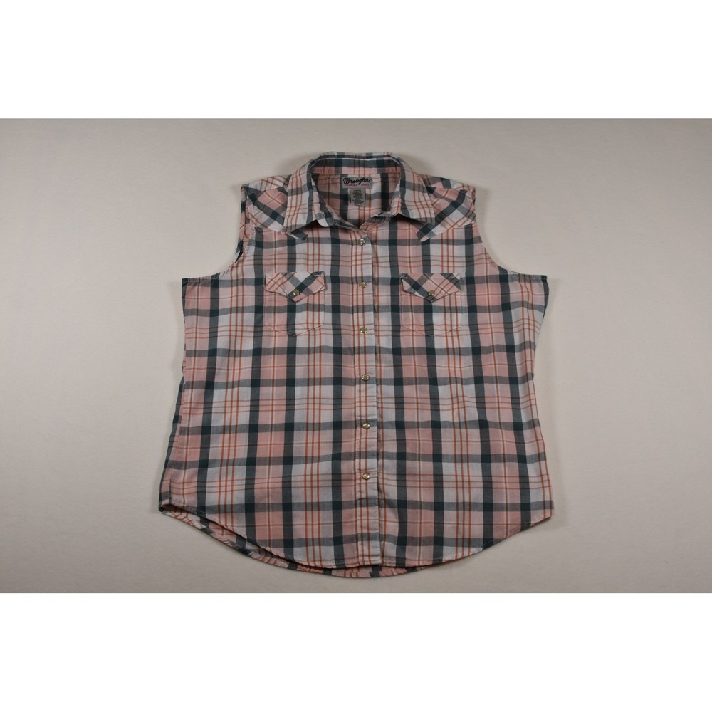 Wrangler Wrancher Womens Large Pink Plaid Sleeveless Western Snap Shirt L